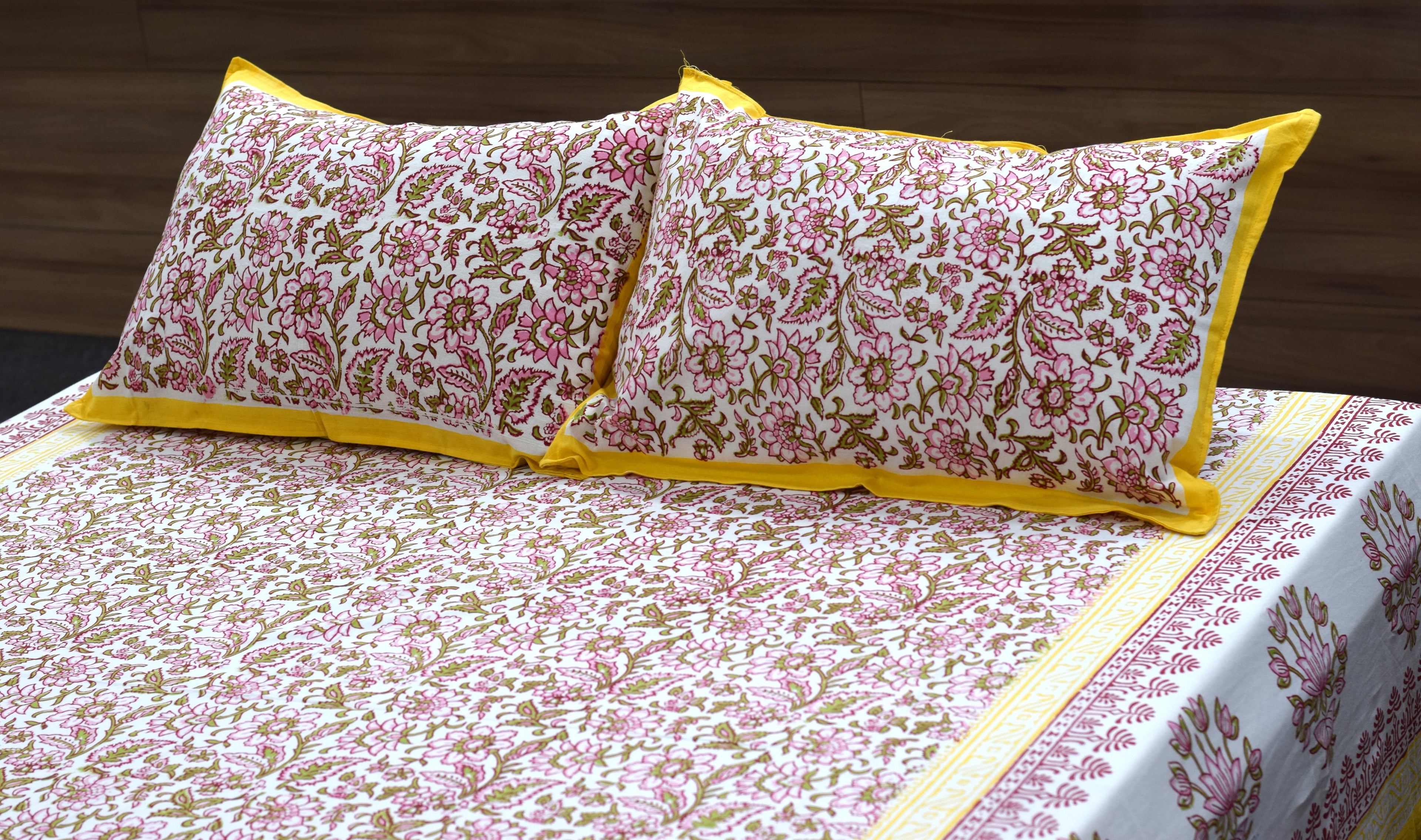 Queen Size Cotton Floral Bedsheet with 2 Pillow Covers – Pink & Yellow Hand Block Print | 86 x 104 Inches