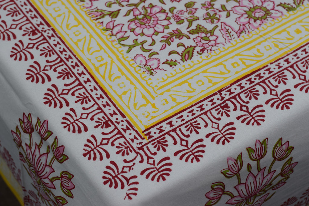 Queen Size Cotton Floral Bedsheet with 2 Pillow Covers – Pink & Yellow Hand Block Print | 86 x 104 Inches