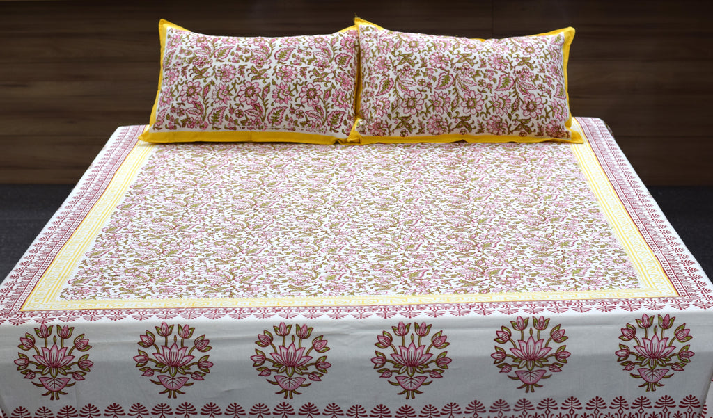 Queen Size Cotton Floral Bedsheet with 2 Pillow Covers – Pink & Yellow Hand Block Print | 86 x 104 Inches