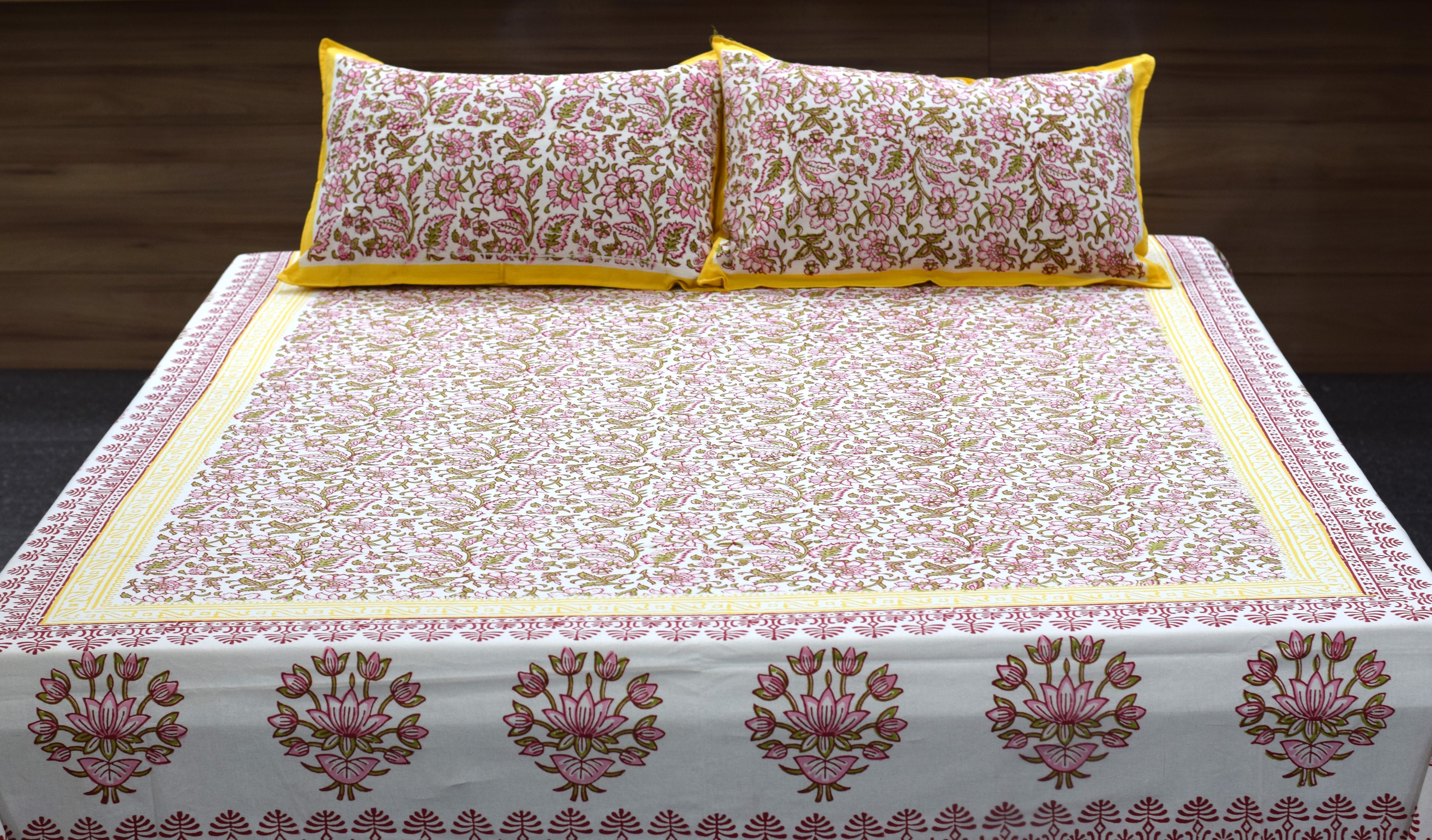 Queen Size Cotton Floral Bedsheet with 2 Pillow Covers – Pink & Yellow Hand Block Print | 86 x 104 Inches