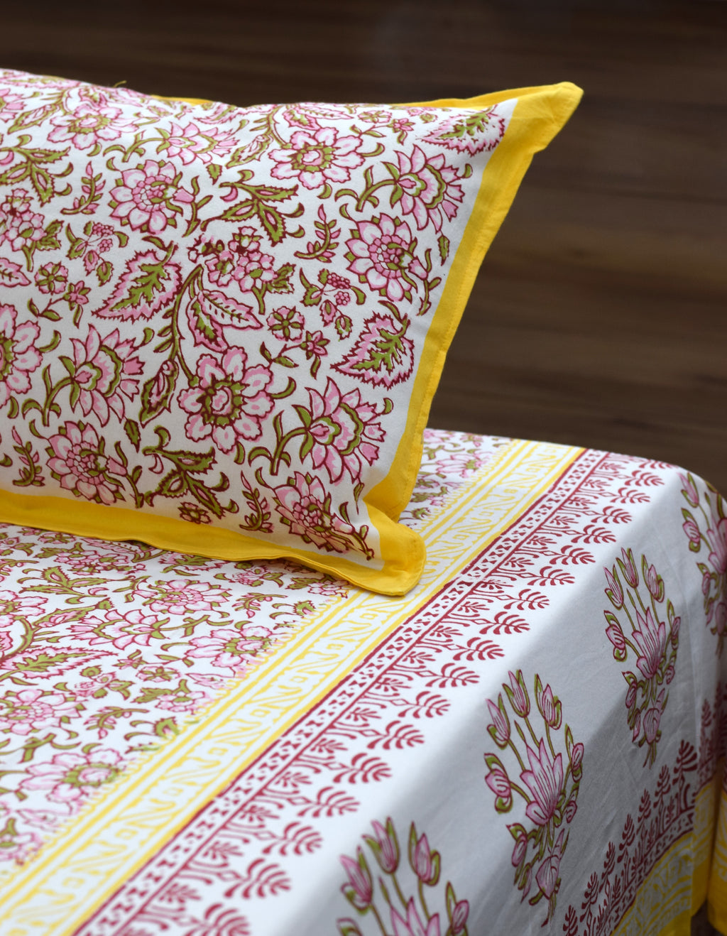 Queen Size Cotton Floral Bedsheet with 2 Pillow Covers – Pink & Yellow Hand Block Print | 86 x 104 Inches