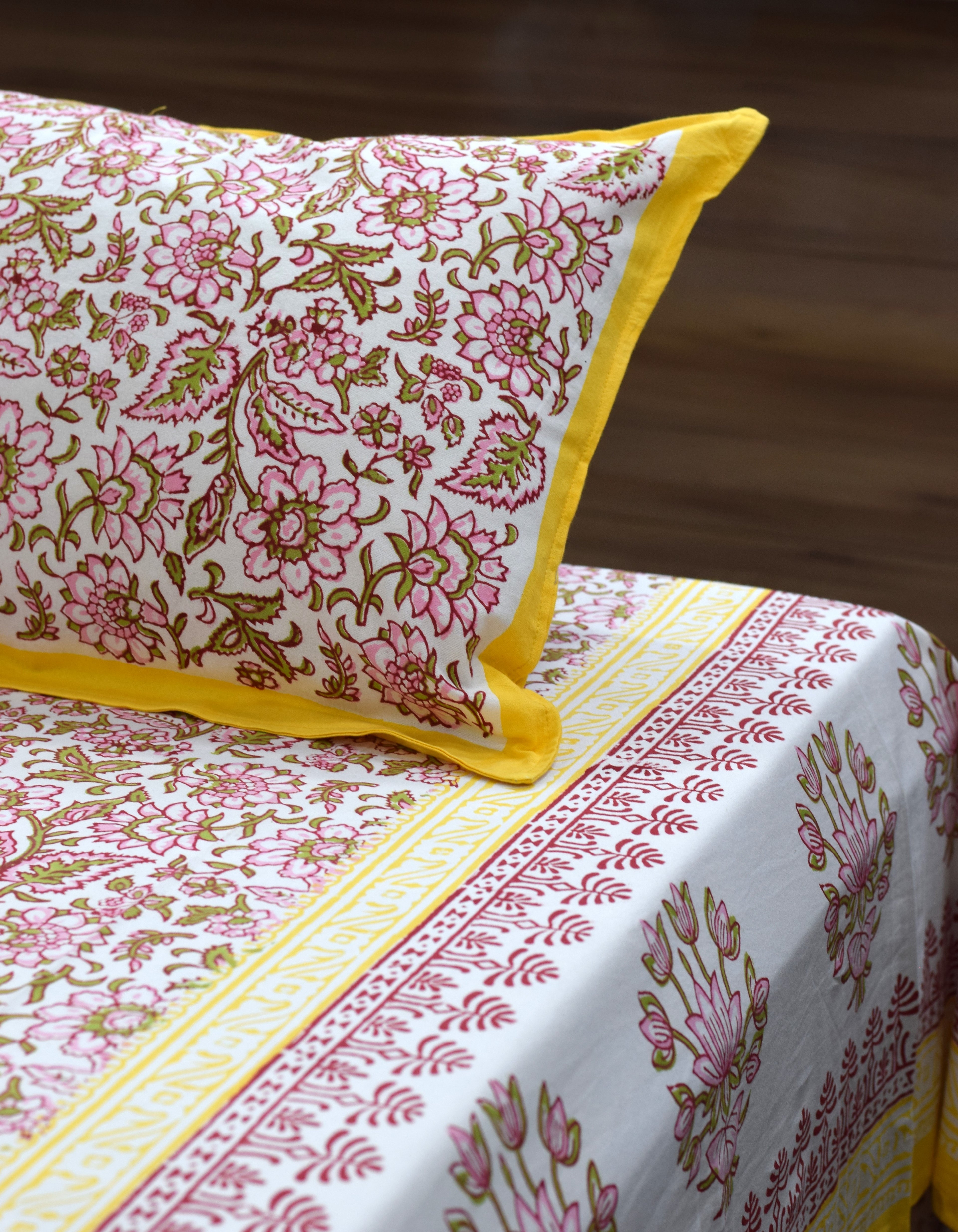 Queen Size Cotton Floral Bedsheet with 2 Pillow Covers – Pink & Yellow Hand Block Print | 86 x 104 Inches