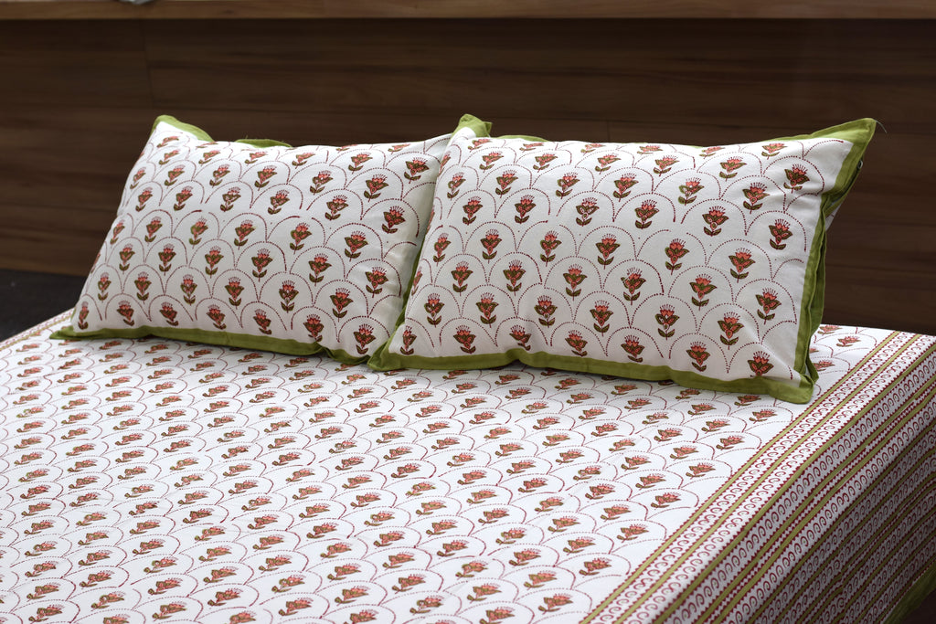 Queen Size Cotton Floral Printed Bedsheet with 2 Pillow Covers | 86 x 104 Inches | White, Rust & Olive Green
