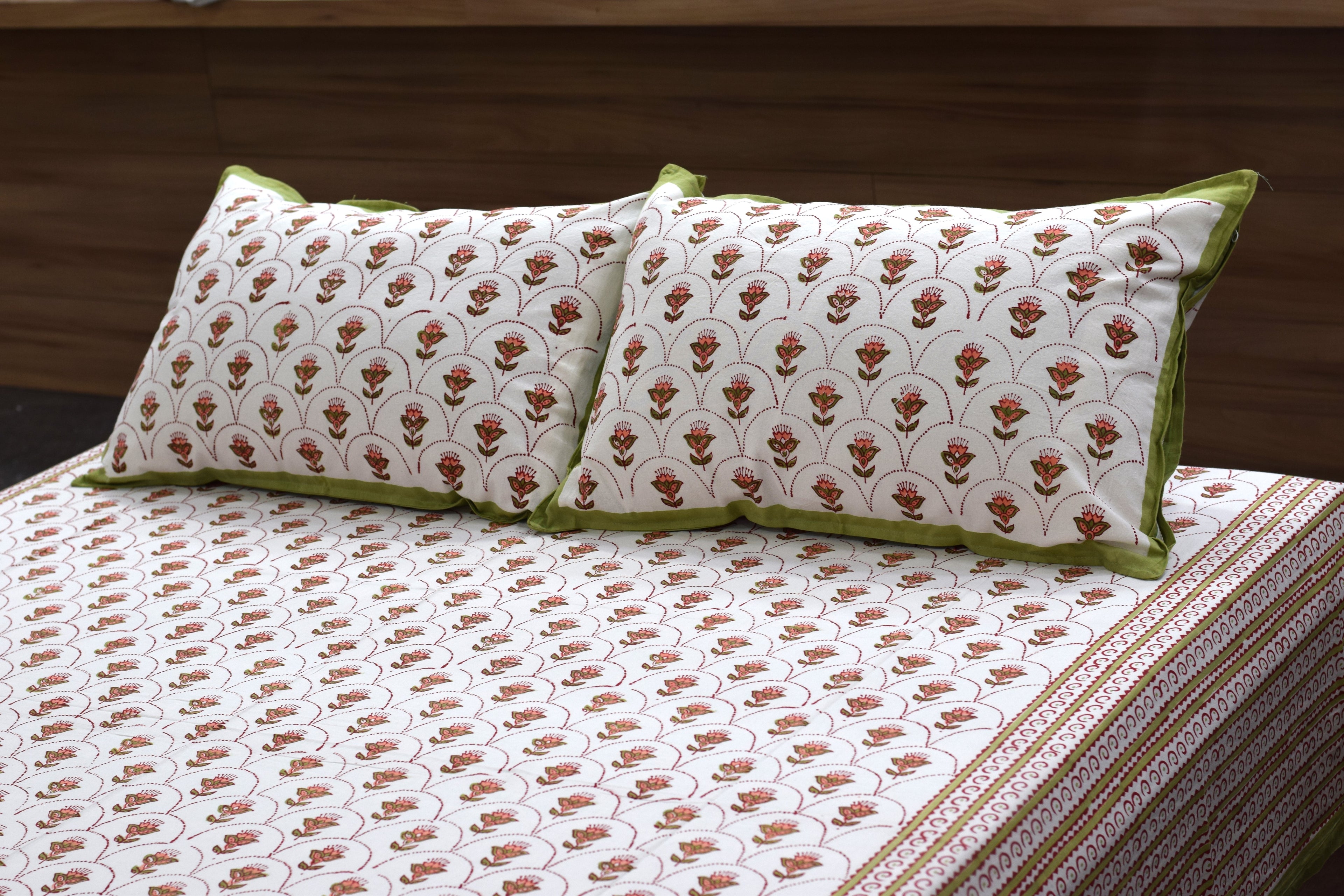 Queen Size Cotton Floral Printed Bedsheet with 2 Pillow Covers | 86 x 104 Inches | White, Rust & Olive Green