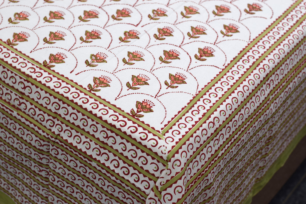 Queen Size Cotton Floral Printed Bedsheet with 2 Pillow Covers | 86 x 104 Inches | White, Rust & Olive Green