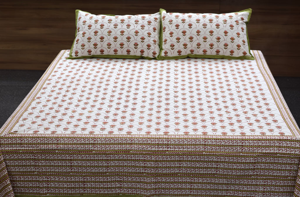 Queen Size Cotton Floral Printed Bedsheet with 2 Pillow Covers | 86 x 104 Inches | White, Rust & Olive Green