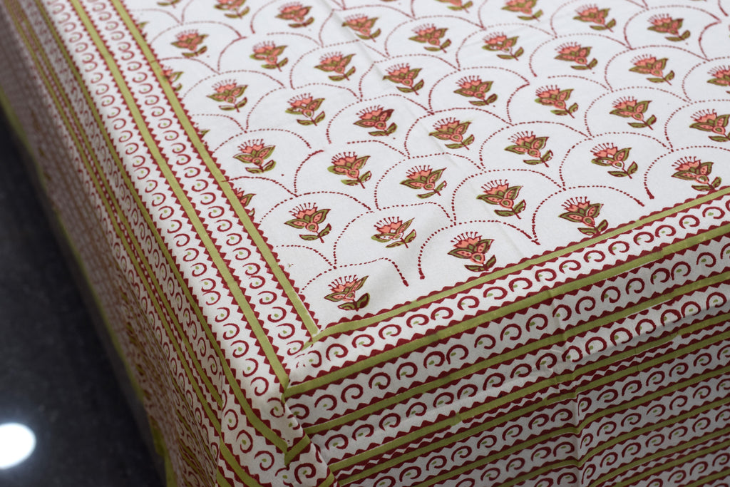 Queen Size Cotton Floral Printed Bedsheet with 2 Pillow Covers | 86 x 104 Inches | White, Rust & Olive Green