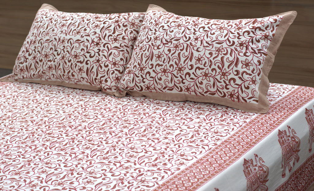 Queen Size Cotton Bedsheet with 2 Pillow Covers (86 x 104 Inches) | Traditional Elephant Print | Breathable