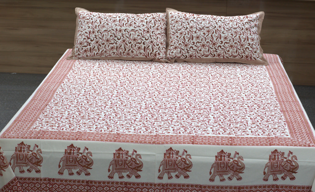 Queen Size Cotton Bedsheet with 2 Pillow Covers (86 x 104 Inches) | Traditional Elephant Print | Breathable