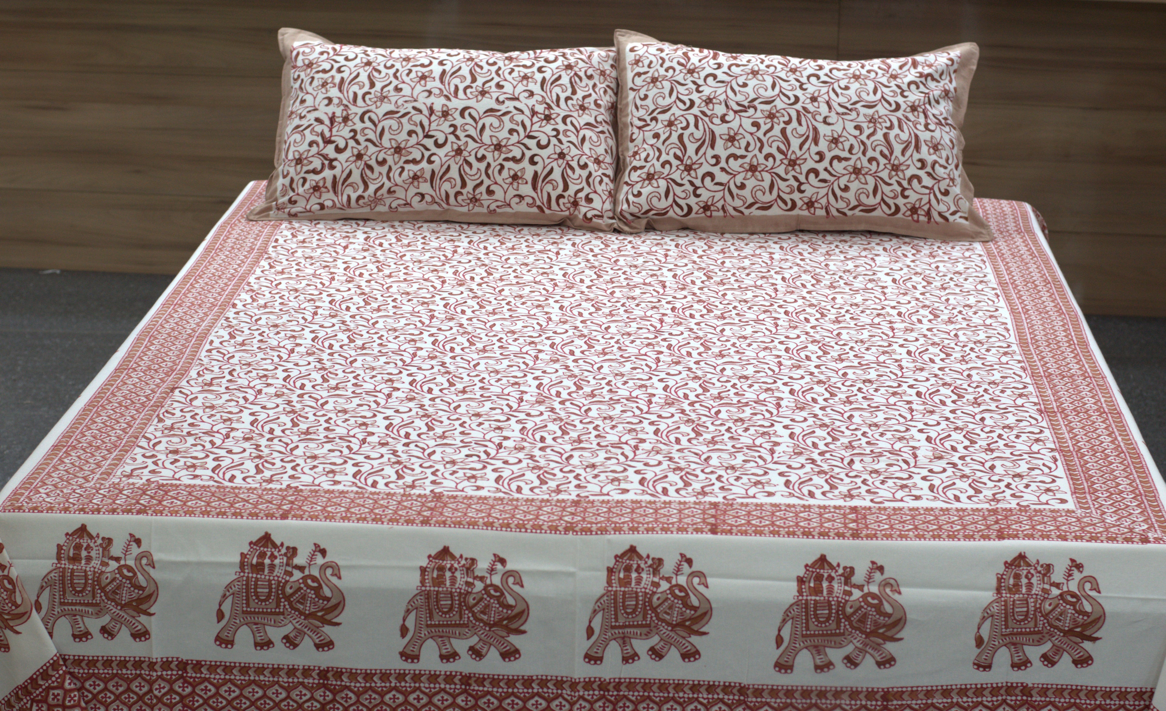 Queen Size Cotton Bedsheet with 2 Pillow Covers (86 x 104 Inches) | Traditional Elephant Print | Breathable