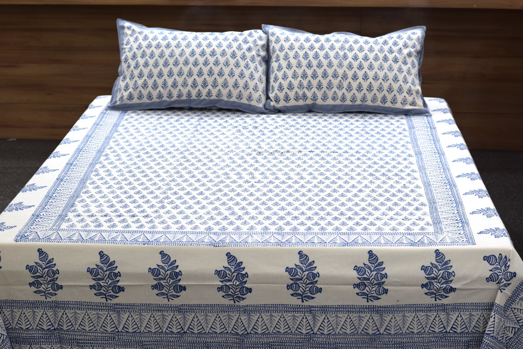 Queen Size Cotton Bedsheet with 2 Pillow Covers | Blue & White Floral Hand Block Print | 86 x 104 Inches