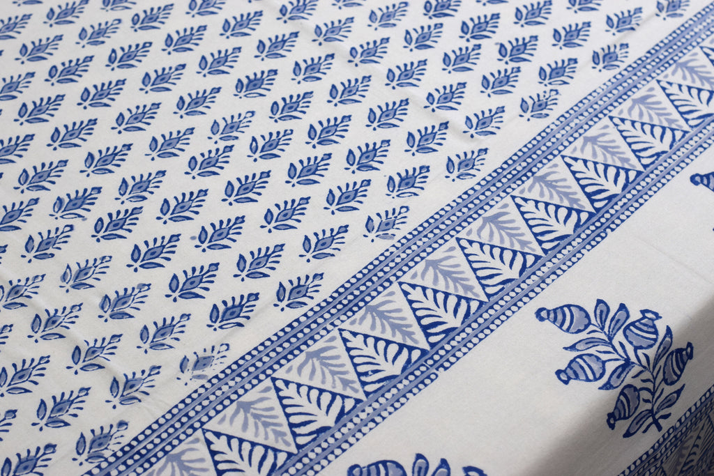Queen Size Cotton Bedsheet with 2 Pillow Covers | Blue & White Floral Hand Block Print | 86 x 104 Inches