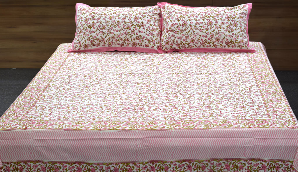 Queen Size Cotton Floral Printed Bedsheet with 2 Pillow Covers – Pink & White | 86 x 104 Inches