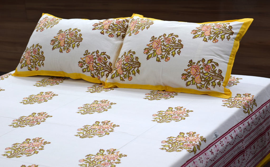 Queen Size Floral Cotton Bedsheet with 2 Pillow Covers – White & Yellow Printed Bed Sheet Set (86 x 104 Inches)