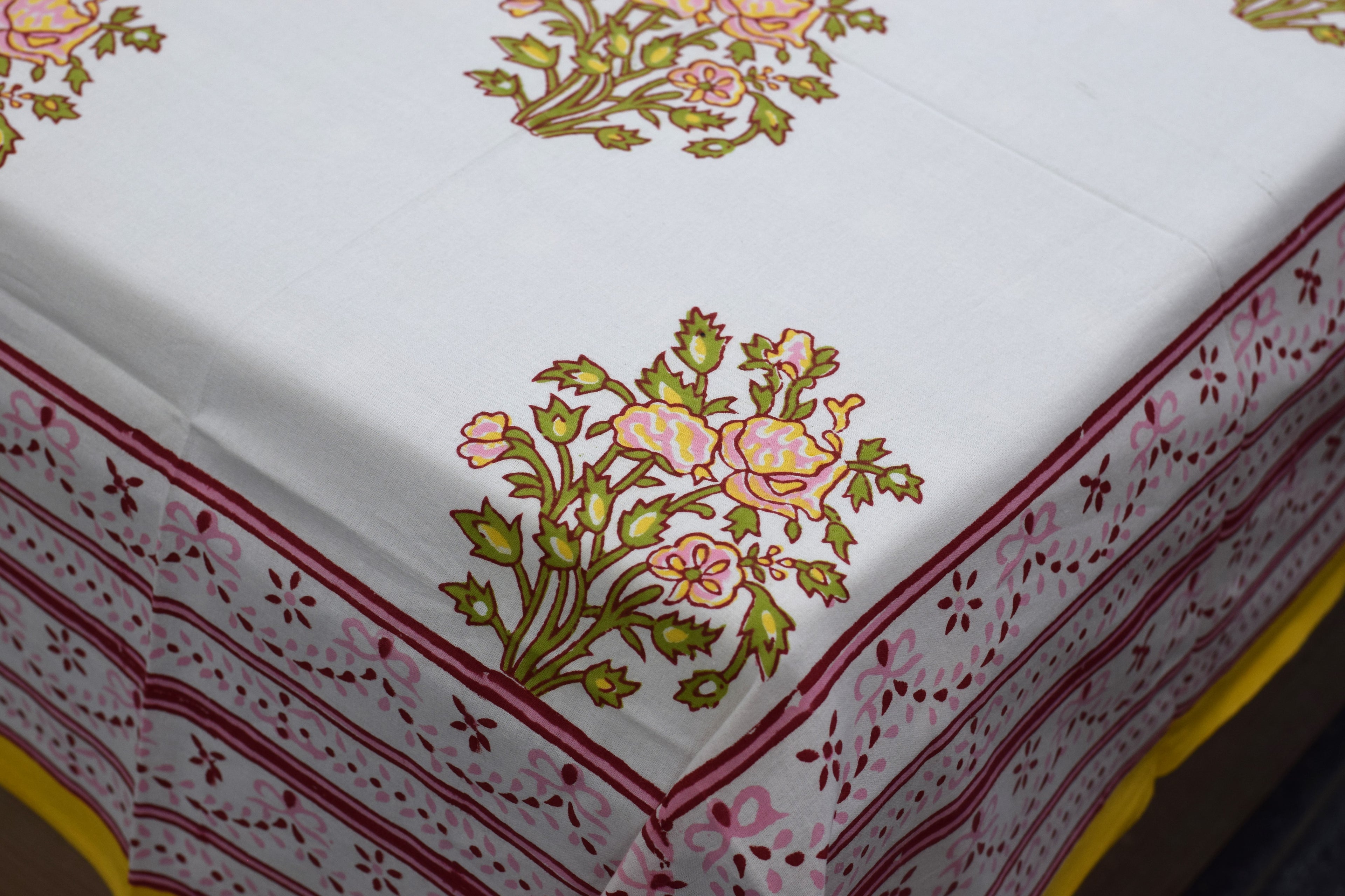Queen Size Floral Cotton Bedsheet with 2 Pillow Covers – White & Yellow Printed Bed Sheet Set (86 x 104 Inches)