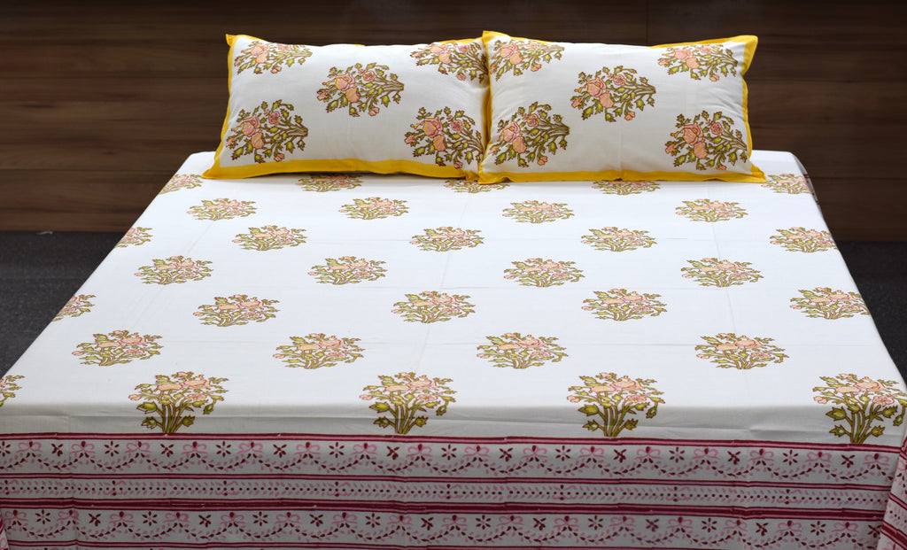 Queen Size Floral Cotton Bedsheet with 2 Pillow Covers – White & Yellow Printed Bed Sheet Set (86 x 104 Inches)