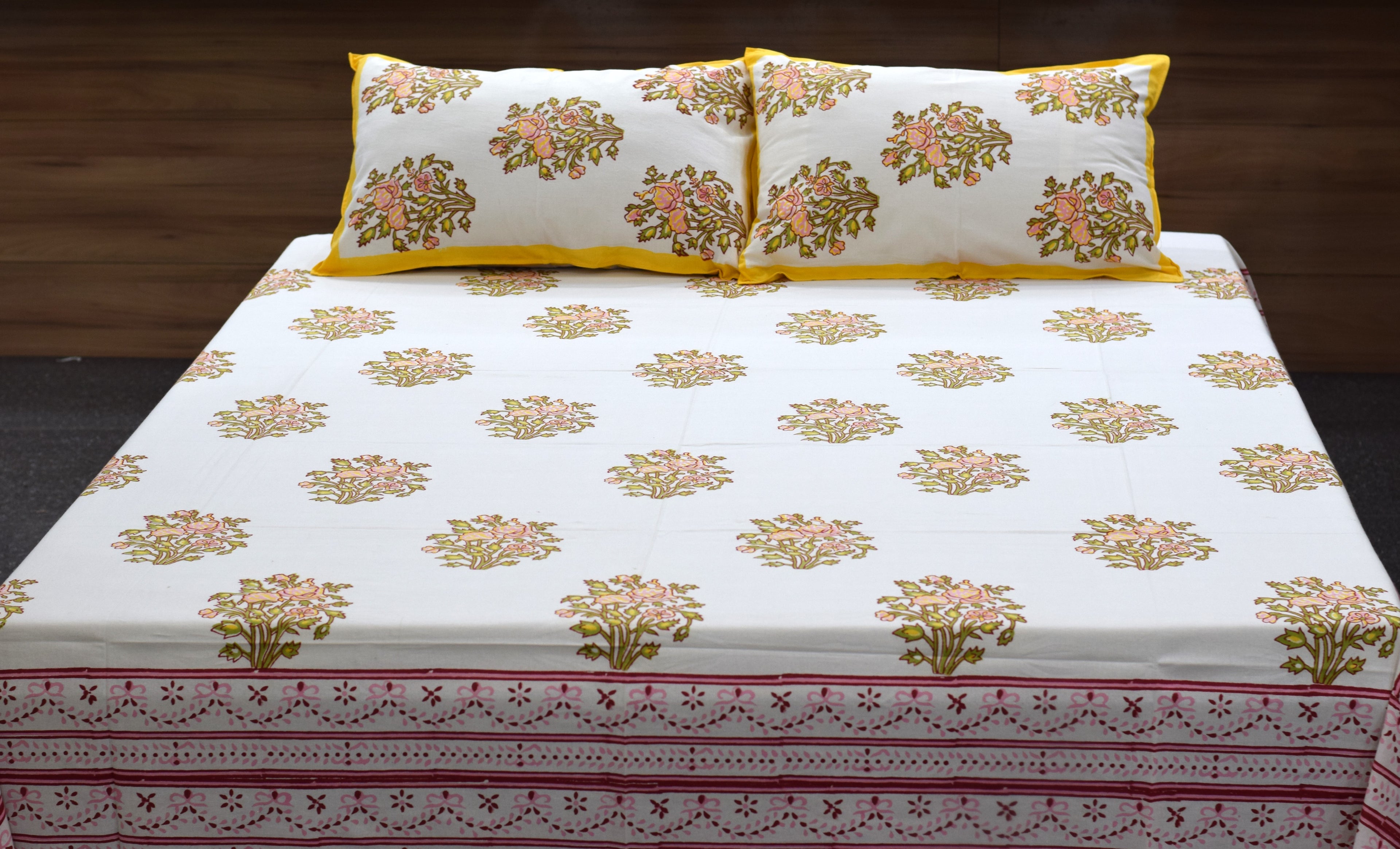 Queen Size Floral Cotton Bedsheet with 2 Pillow Covers – White & Yellow Printed Bed Sheet Set (86 x 104 Inches)