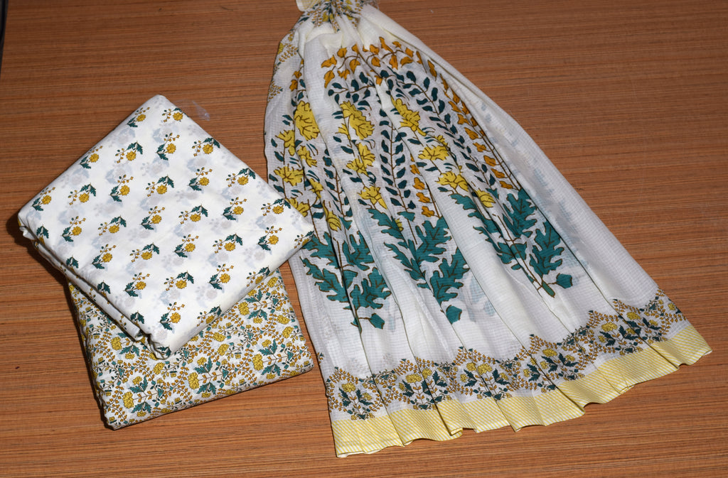 Soft Cotton Dress Material Set with Shawl – White & Yellow Floral Print | 44" Width | Top 2.5 m &Bottom 2 m