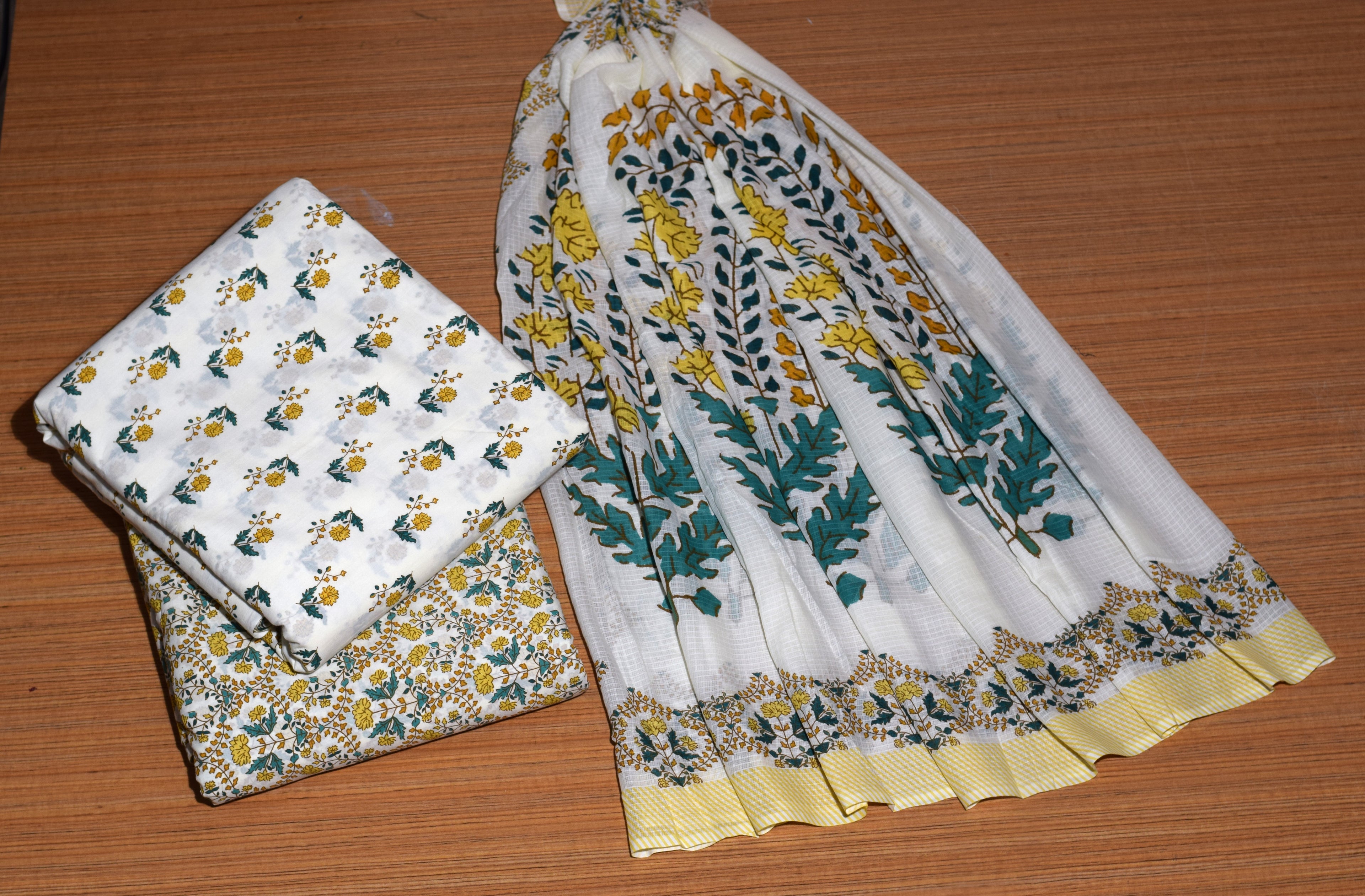 Soft Cotton Dress Material Set with Shawl – White & Yellow Floral Print | 44" Width | Top 2.5 m &Bottom 2 m