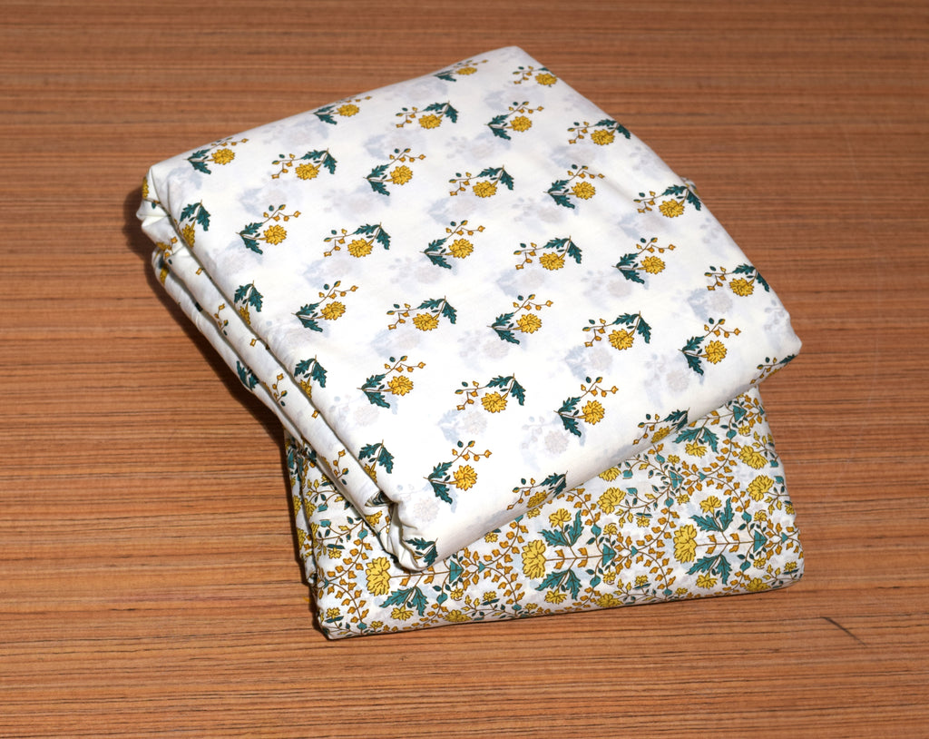 Soft Cotton Dress Material Set with Shawl – White & Yellow Floral Print | 44" Width | Top 2.5 m &Bottom 2 m