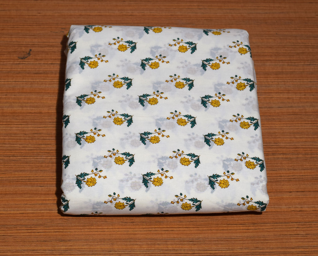 Soft Cotton Dress Material Set with Shawl – White & Yellow Floral Print | 44" Width | Top 2.5 m &Bottom 2 m