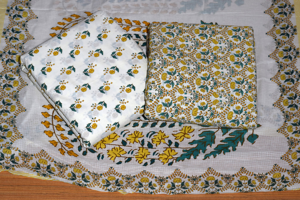 Soft Cotton Dress Material Set with Shawl – White & Yellow Floral Print | 44" Width | Top 2.5 m &Bottom 2 m