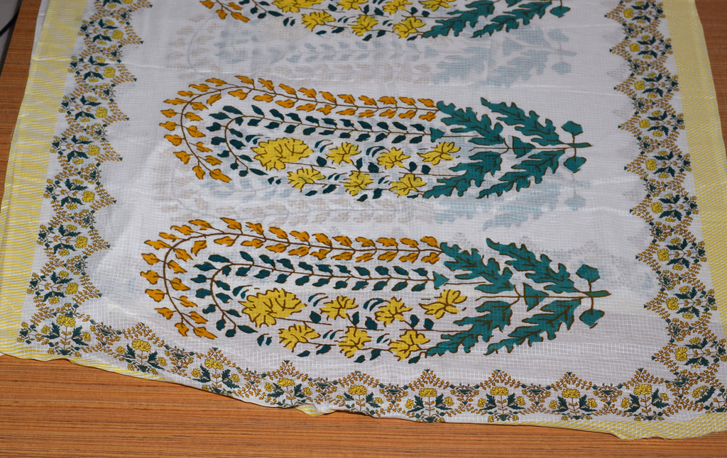 Soft Cotton Dress Material Set with Shawl – White & Yellow Floral Print | 44" Width | Top 2.5 m &Bottom 2 m