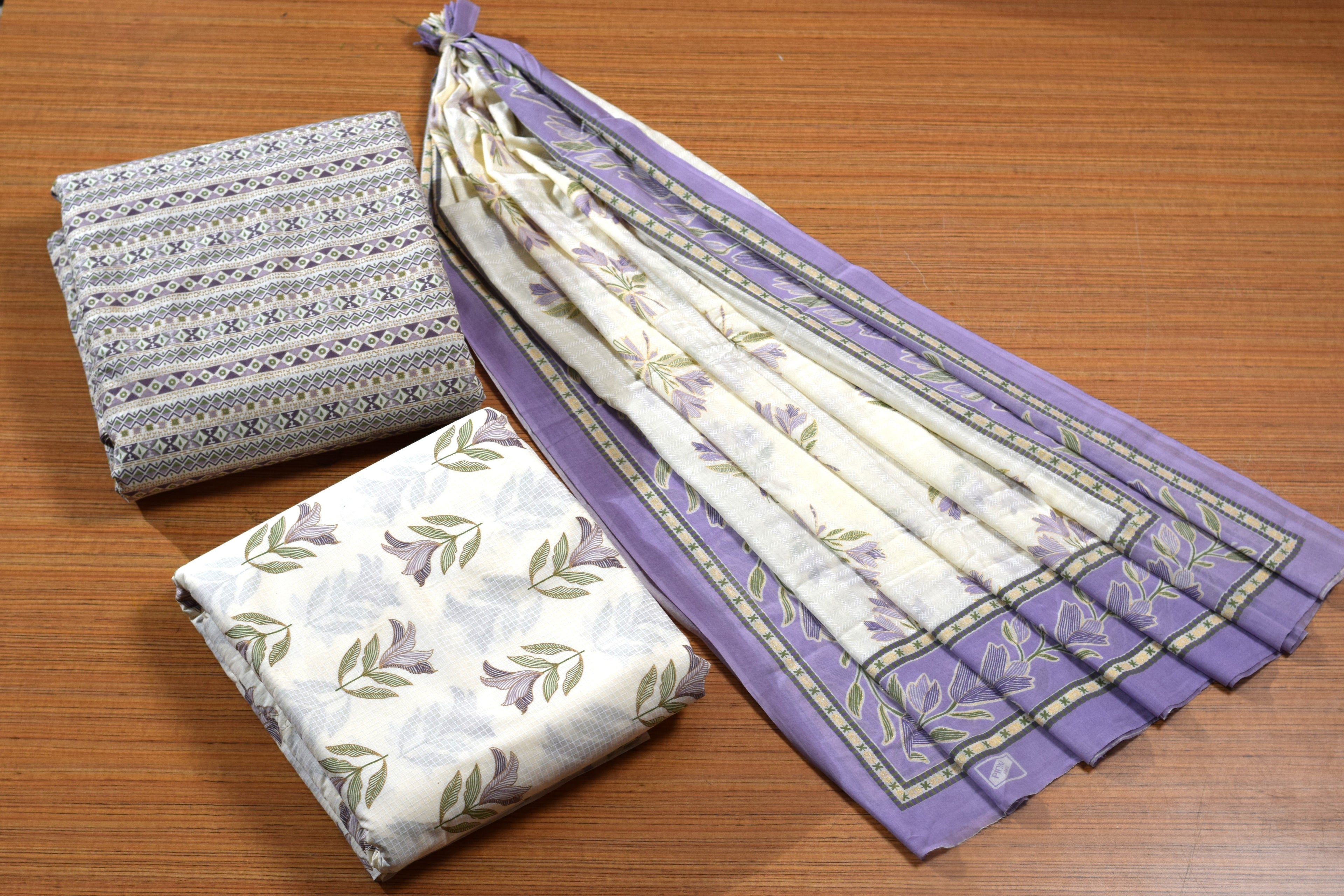 Soft Cotton Floral Dress Material with Matching Bottom & Printed Shawl | 44" Width | Lavender & Ivory