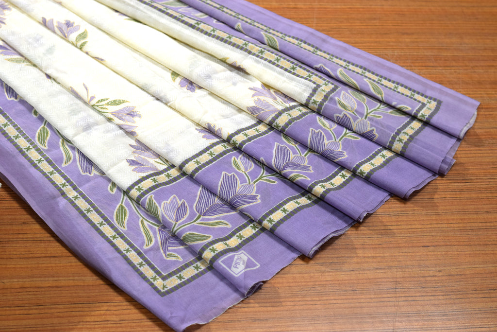 Soft Cotton Floral Dress Material with Matching Bottom & Printed Shawl | 44" Width | Lavender & Ivory