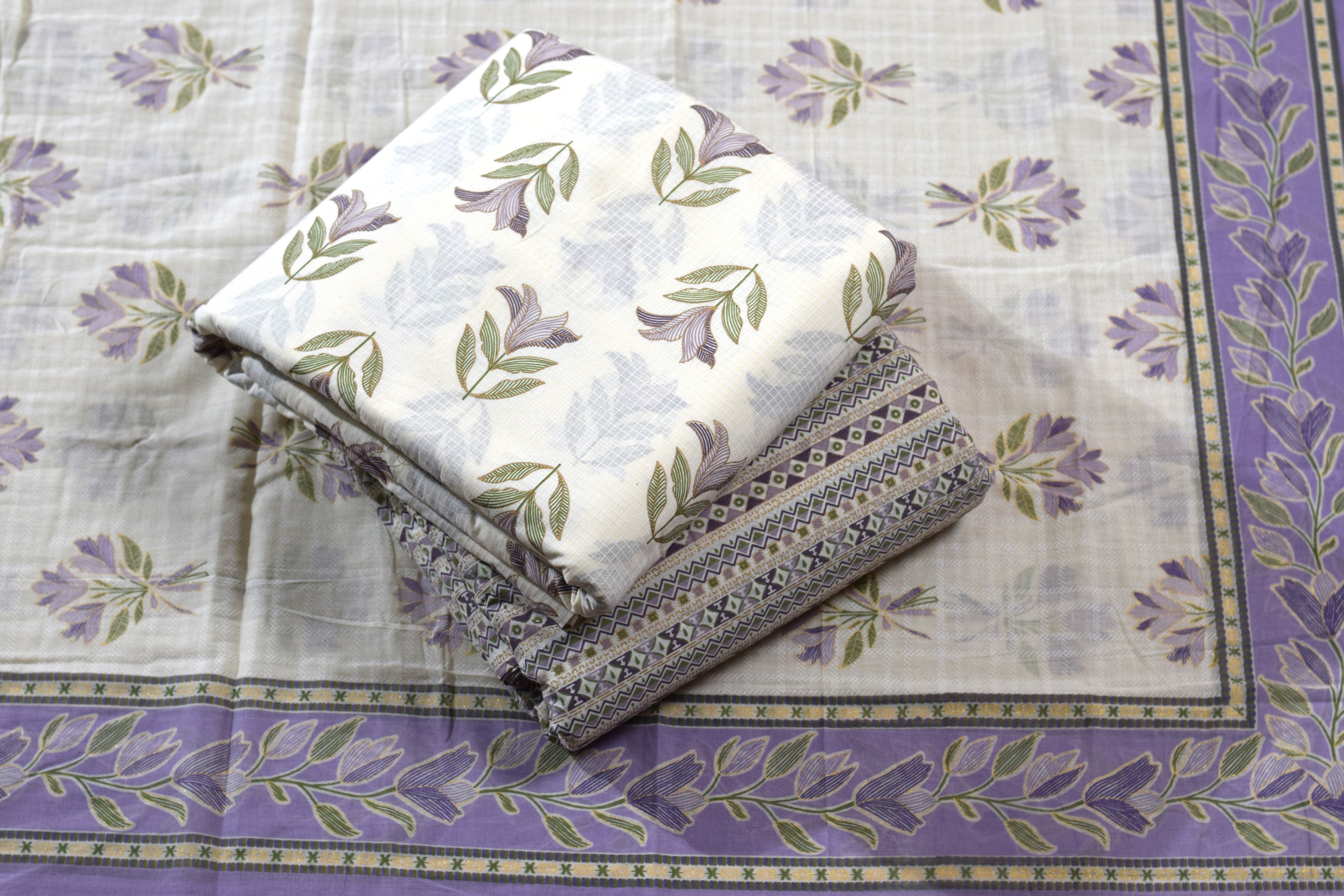 Soft Cotton Floral Dress Material with Matching Bottom & Printed Shawl | 44" Width | Lavender & Ivory