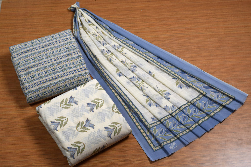 Soft Cotton Floral Dress Material Set with Dupatta – Blue & White | 44" Width | Top 2.5 m, Bottom 2 m