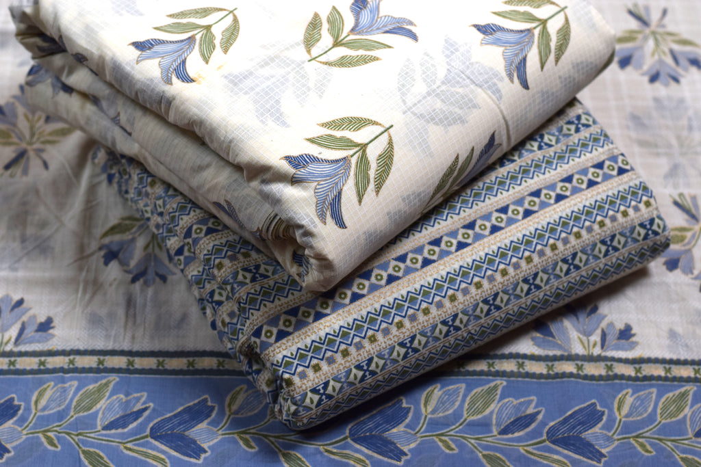 Soft Cotton Floral Dress Material Set with Dupatta – Blue & White | 44" Width | Top 2.5 m, Bottom 2 m