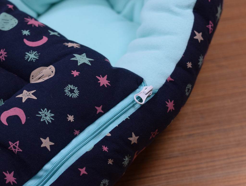 Soft Baby Sleeping Protector Nest with Zip Closure | Newborn Baby Bed | 0–3 Months | Navy Blue & Greenish Blue
