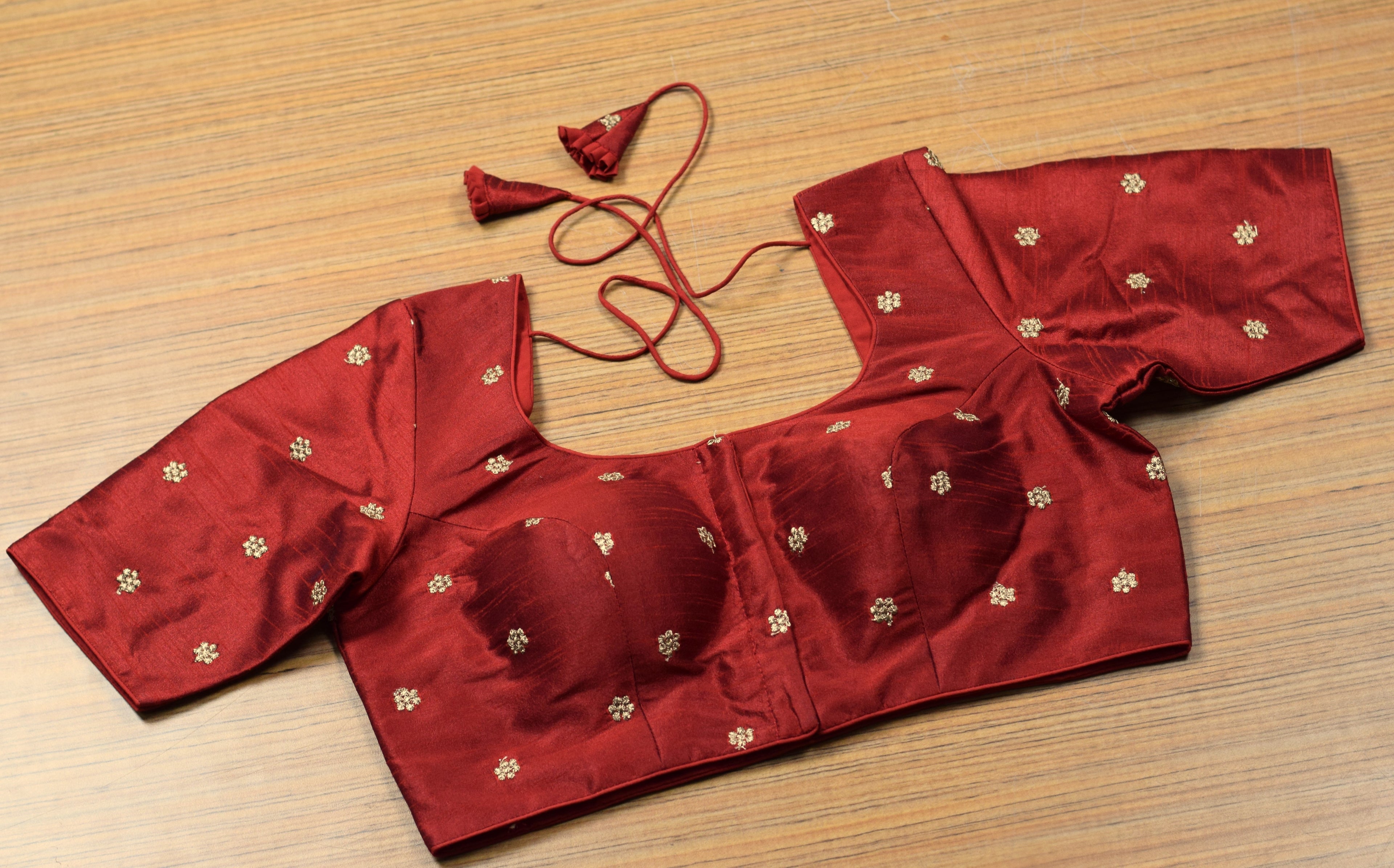 Women's Maroon Chanderi Silk Front Open Saree Blouse | Readymade Padded Blouse with Elbow Sleeves