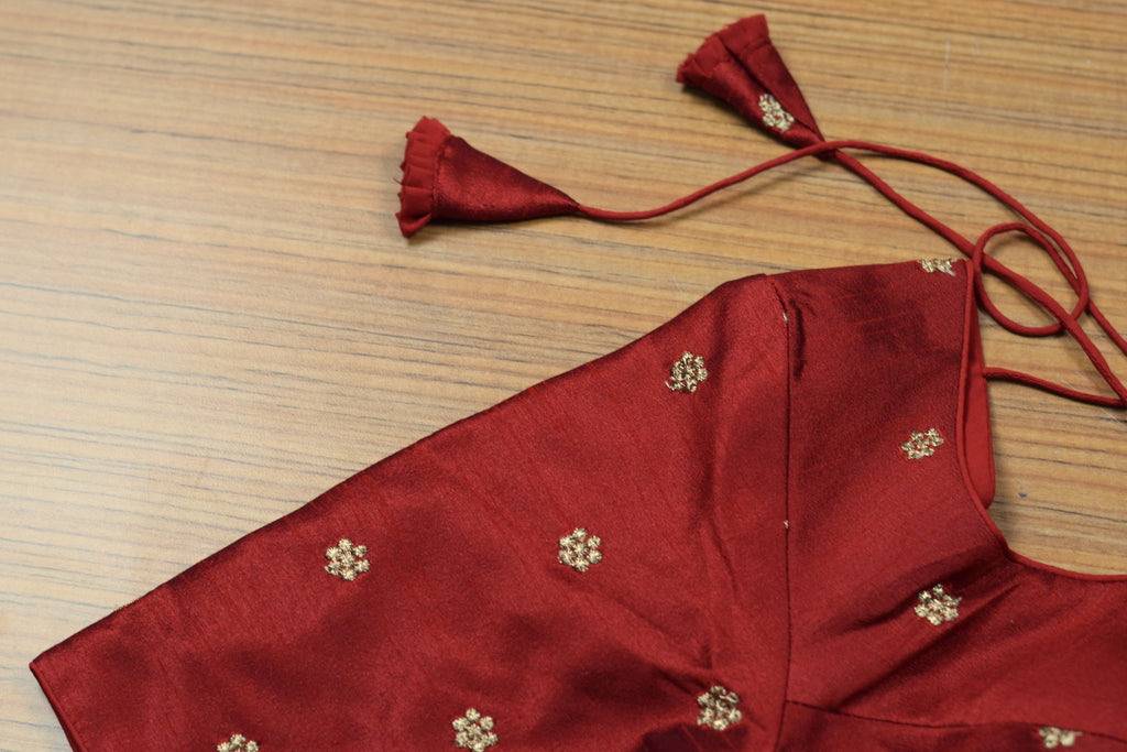 Women's Maroon Chanderi Silk Front Open Saree Blouse | Readymade Padded Blouse with Elbow Sleeves