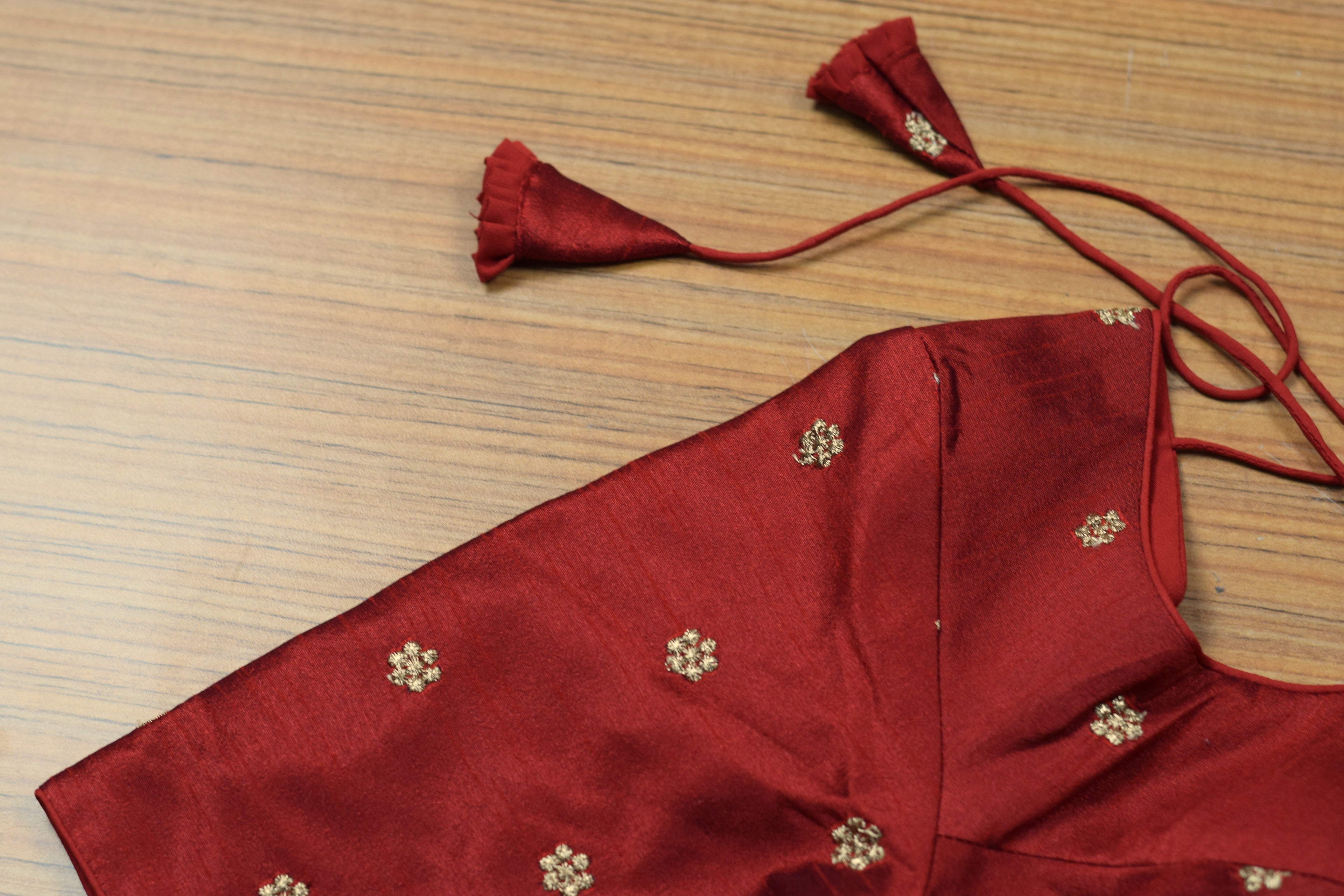 Women's Maroon Chanderi Silk Front Open Saree Blouse | Readymade Padded Blouse with Elbow Sleeves