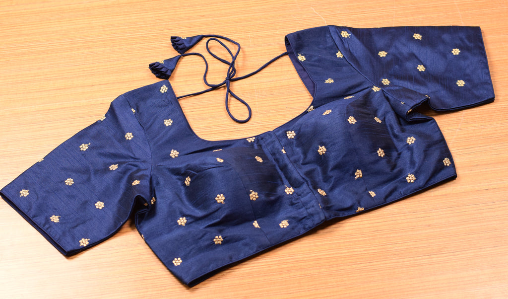 Navy Blue Chanderi Silk Front Open Saree Blouse | Readymade Designer Blouse with Elbow Sleeves