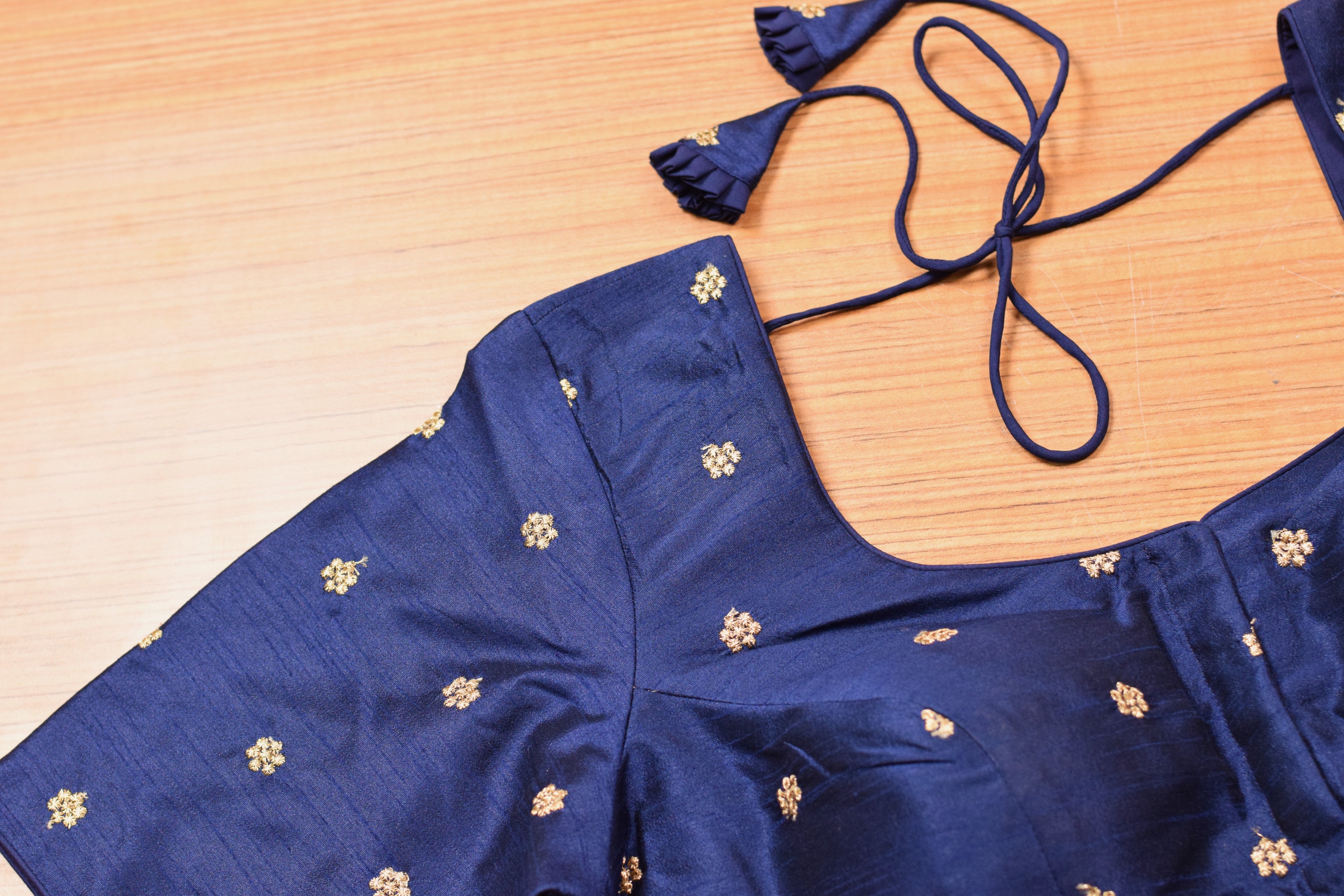 Navy Blue Chanderi Silk Front Open Saree Blouse | Readymade Designer Blouse with Elbow Sleeves