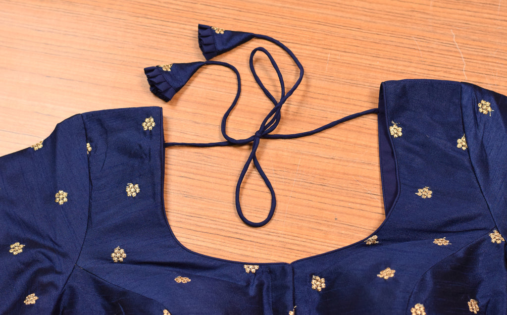 Navy Blue Chanderi Silk Front Open Saree Blouse | Readymade Designer Blouse with Elbow Sleeves