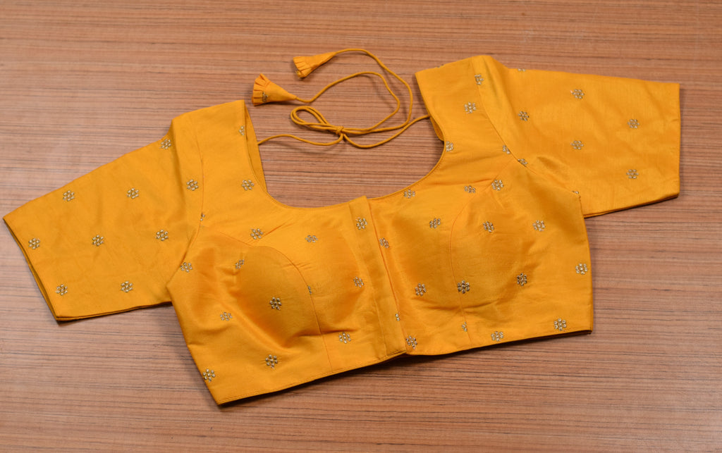 Mustard Yellow Chanderi Silk Front Open Readymade Blouse for Saree & Midi | Elegant Embroidered Blouse