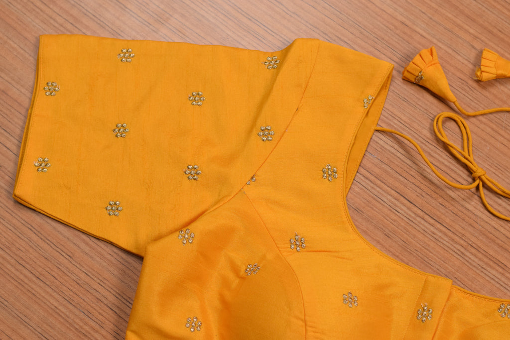 Mustard Yellow Chanderi Silk Front Open Readymade Blouse for Saree & Midi | Elegant Embroidered Blouse