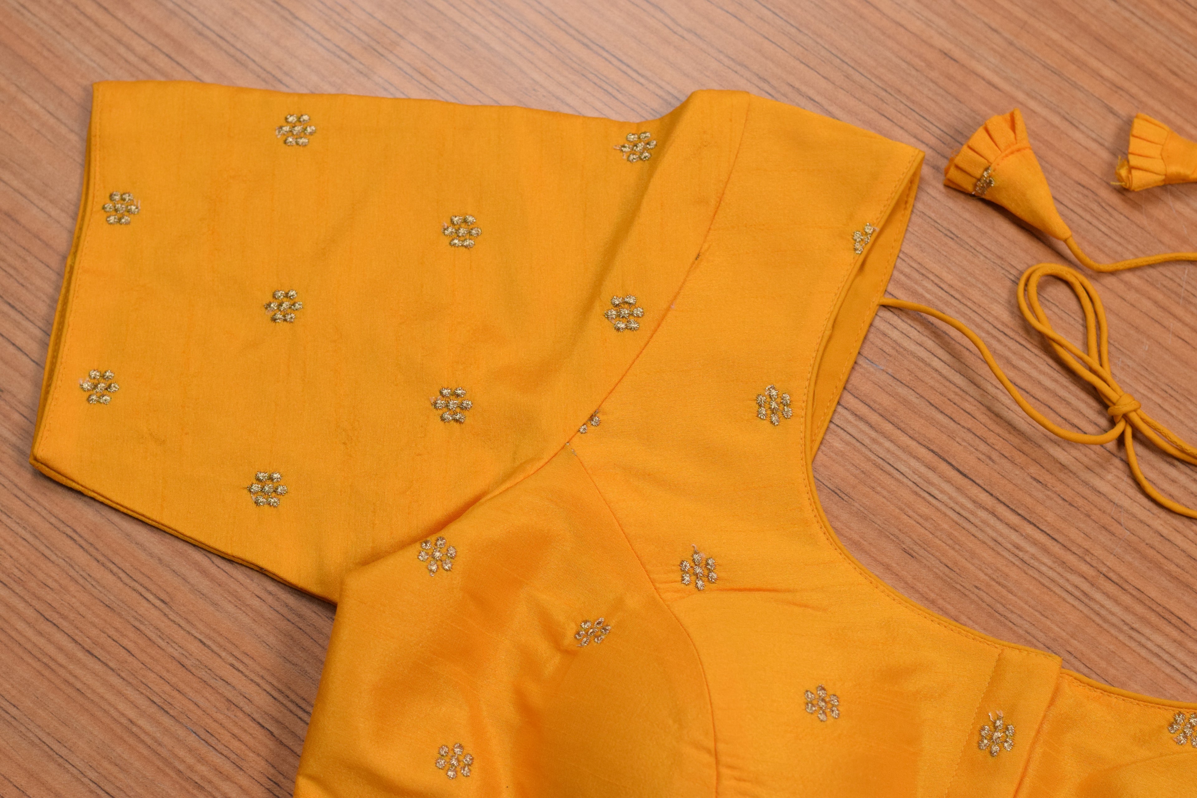 Mustard Yellow Chanderi Silk Front Open Readymade Blouse for Saree & Midi | Elegant Embroidered Blouse