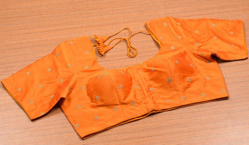 Women's Chanderi Silk Front Open Saree Blouse | Orange Embroidered Readymade Blouse for Saree & Midi