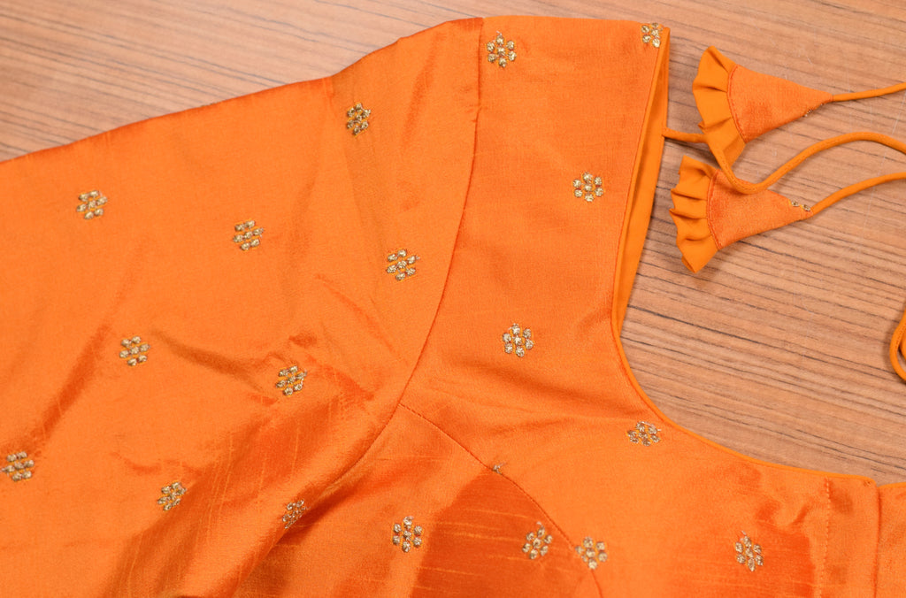 Women's Chanderi Silk Front Open Saree Blouse | Orange Embroidered Readymade Blouse for Saree & Midi