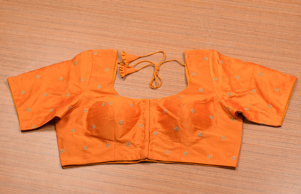 Women's Chanderi Silk Front Open Saree Blouse | Orange Embroidered Readymade Blouse for Saree & Midi