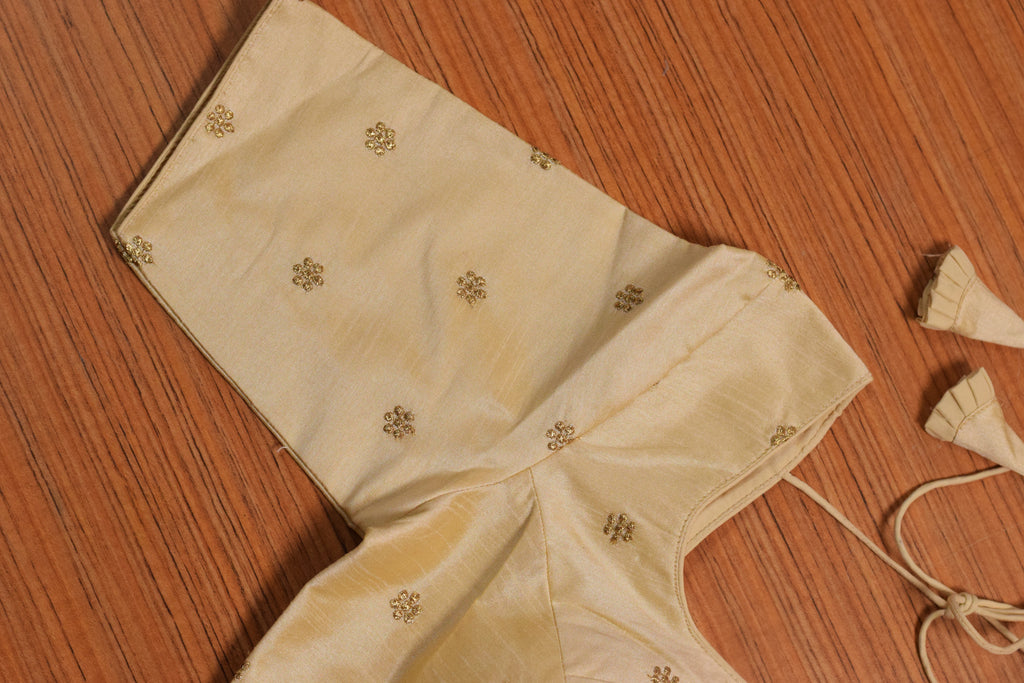 Women's Chanderi Silk Front Open Saree Blouse | Embroidered Readymade Blouse for Sarees &Midi | Light Gold