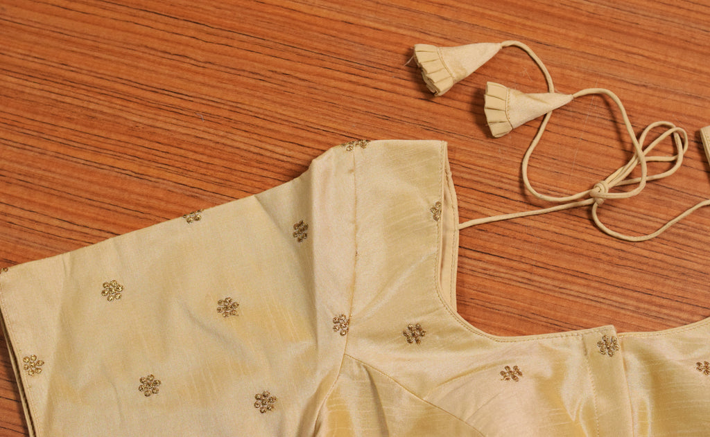 Women's Chanderi Silk Front Open Saree Blouse | Embroidered Readymade Blouse for Sarees &Midi | Light Gold