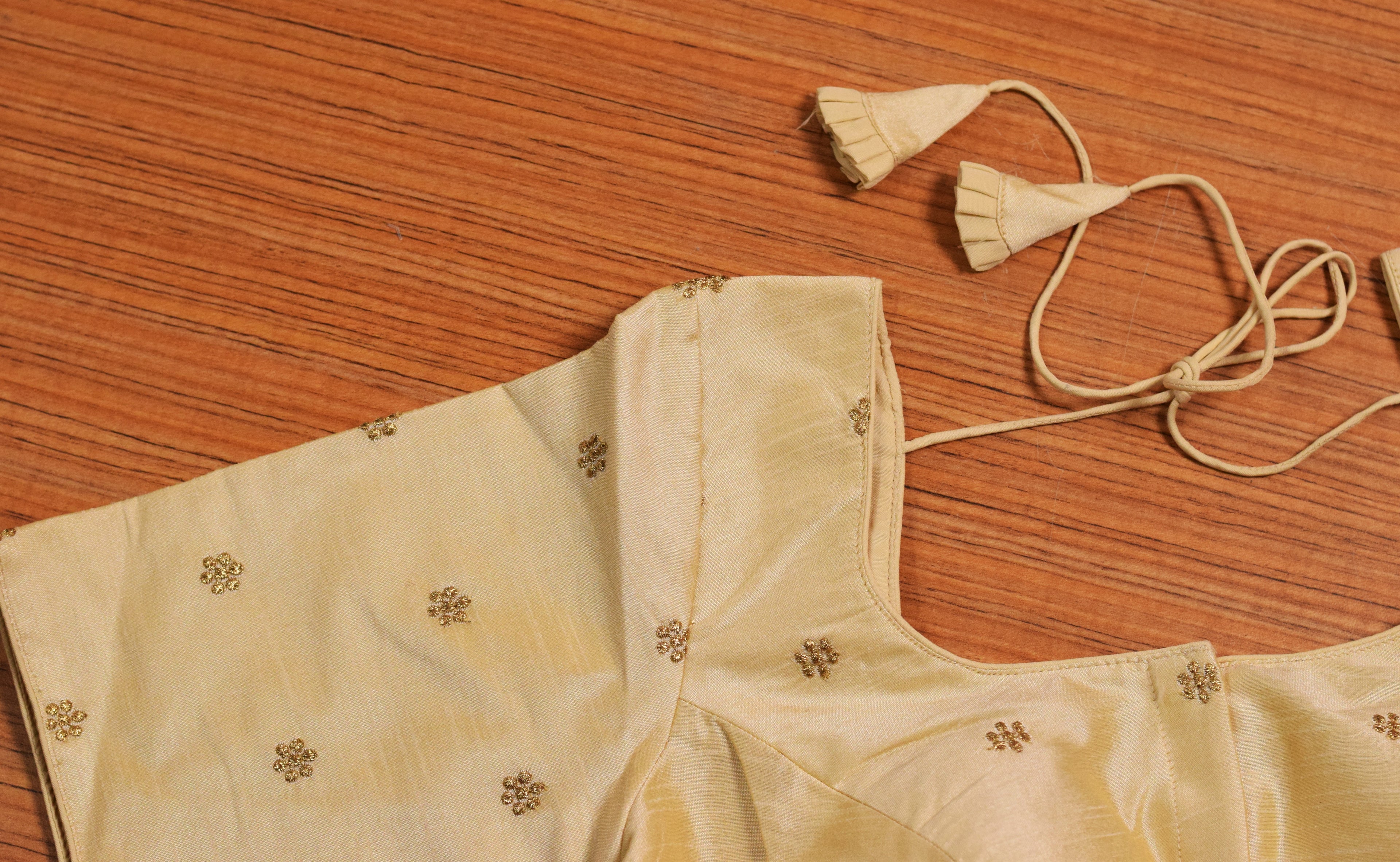 Women's Chanderi Silk Front Open Saree Blouse | Embroidered Readymade Blouse for Sarees &Midi | Light Gold