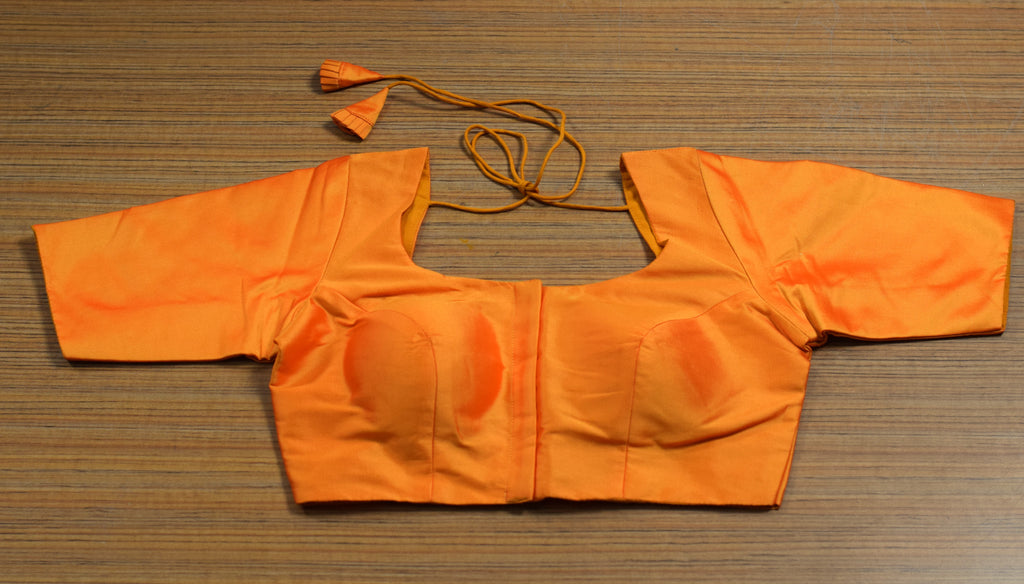Orange Chanderi Silk Front Open Saree Blouse | Readymade Padded Blouse for Saree & Midi | Half Sleeve