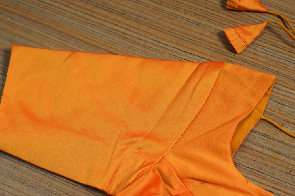 Orange Chanderi Silk Front Open Saree Blouse | Readymade Padded Blouse for Saree & Midi | Half Sleeve